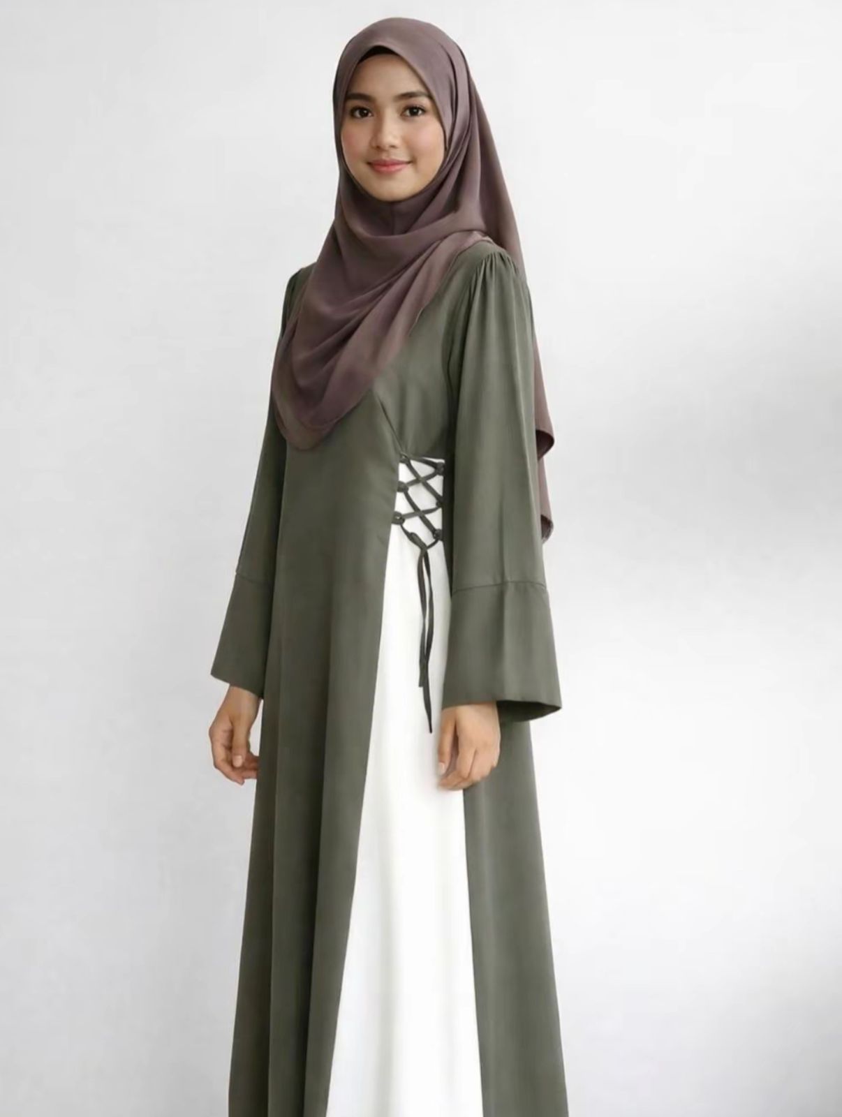 Helena Dress - Abaya Two Tone Elegant Premium Olive White